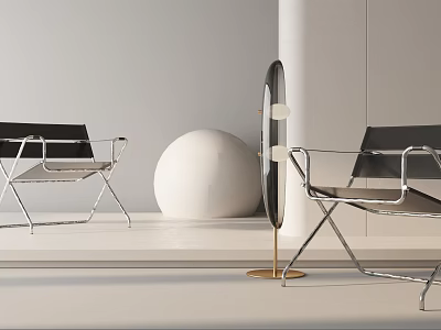 Modern Leisure Chair With Metal Frame And Sleek Design Alongside Floor Lamp In Minimalist Interior 3d model