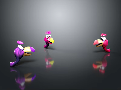 Three Playful Pink Purple Cartoon Creatures Characters With Reflections On Gray Background 3d model