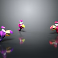 Three Playful Pink Purple Cartoon Creatures Characters With Reflections On Gray Background