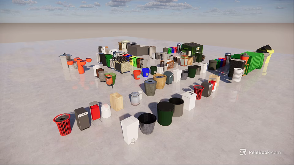 Public Facilities Trash Bins Collection With Various Colors And Different Types 3d model
