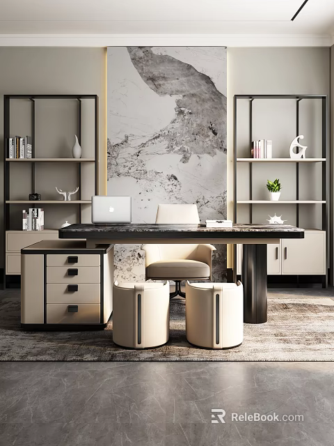 Modern Study Room Interior with Desk Chair Bookshelves Decorative Painting Potted Plant and Storage Cabinets 3d model 