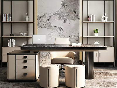 Modern Study Room Interior with Desk Chair Bookshelves Decorative Painting Potted Plant and Storage Cabinets 3d model