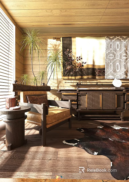 Natural Style Wooden Lounge Chair With Palm Plants Side Table And Decorative Rug 3d model 
