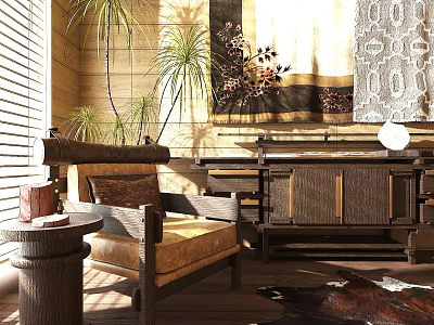 Natural Style Wooden Lounge Chair With Palm Plants Side Table And Decorative Rug 3d model