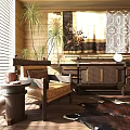 Natural Style Wooden Lounge Chair With Palm Plants Side Table And Decorative Rug