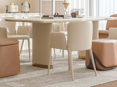 Modern Ivory Dining Table And Chairs Set With Leather Stools And Decorative Items 3d model