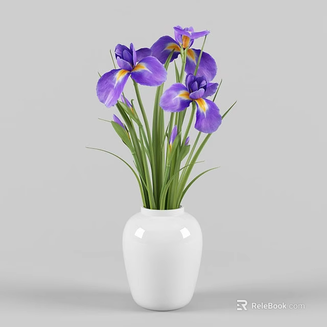 White Vase With Purple Irises And Green Stems Leaves Decorative Flowers 3d model 