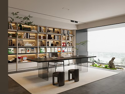 Modern Study Room Interior With Bookshelves Books Decorations Desk Two Stools Plants And Window View 3d model