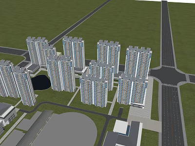Modern High Rise Residential Complex With Multiple Buildings Green Grassland And Road Network Layout 3d model