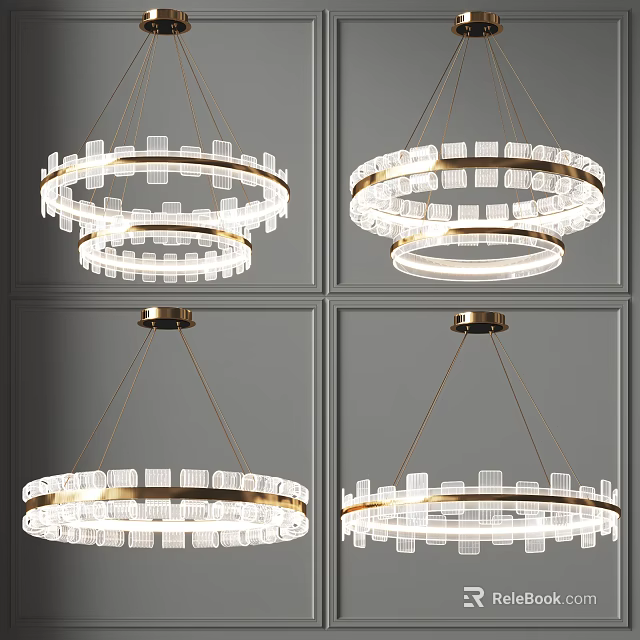 Modern Circular Chandelier With Gold Frame Transparent Glass Layered Hanging Design 3d model 