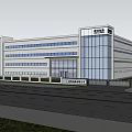 Modern Industrial Factory Building With Glass Curtain Wall Trees Road And Red Cars