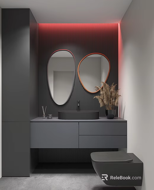 Modern Washbasin Vanity With Double Oval Mirrors Gray Cabinet And Pampas Grass 3d model 