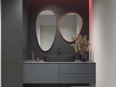 Modern Washbasin Vanity With Double Oval Mirrors Gray Cabinet And Pampas Grass 3d model