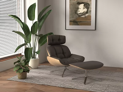Modern Dark Lounge Chair with Ottoman in Room Featuring Window Blinds Large Plant and Rug 3d model