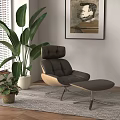 Modern Dark Lounge Chair with Ottoman in Room Featuring Window Blinds Large Plant and Rug