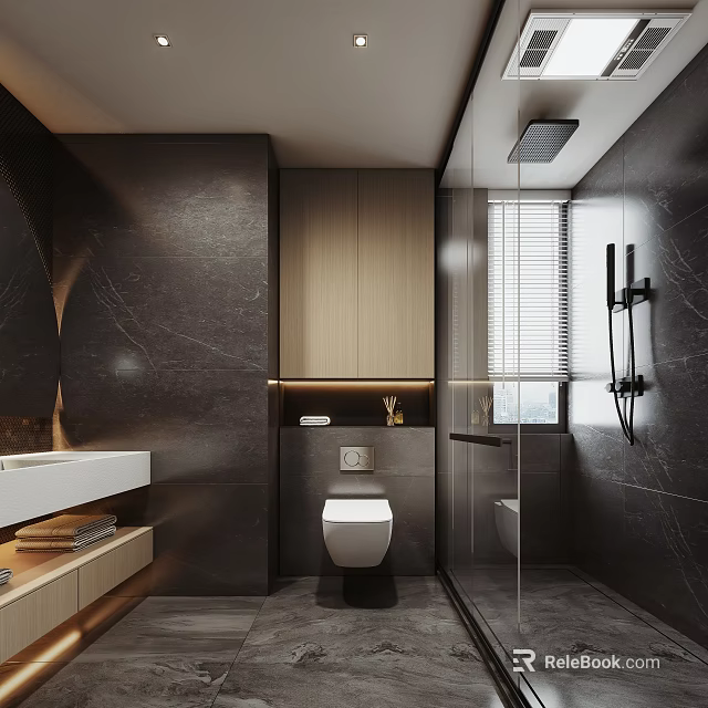 Modern Bathroom Design Featuring Dark Marble Walls And Wooden Cabinets 3d model 