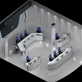 Modern Control Room with Circular Console Multiple Monitoring Screens Ergonomic Chairs and Professional Workstation Setup