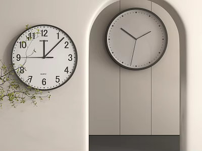 Two Round Wall Clocks with White Dial Black Hands on Light Colored Wall and Archway Interior Decor 3d model