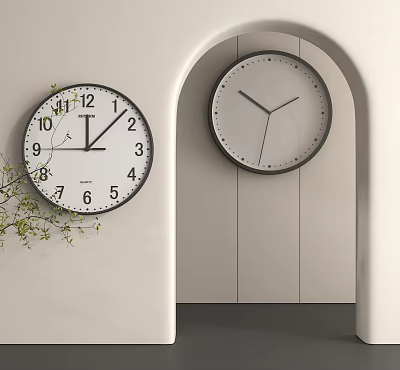 Two Round Wall Clocks with White Dial Black Hands on Light Colored Wall and Archway Interior Decor 3d model