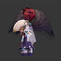 Fantasy Character In Traditional Outfit With Red Hair Fan Black Bird Wings And Ornate Headpiece