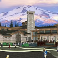 Spacious Single Family Villa Exterior With Snow Capped Mountain View And Courtyard People