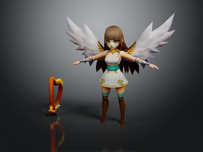 Game and Movie Character with White Wings Brown Hair White Dress and Golden Harp 3d model