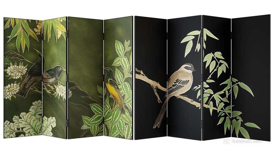 Artistic Folding Screen With Birds And Plants Patterns 3d model 