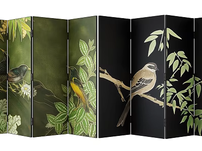 Artistic Folding Screen With Birds And Plants Patterns 3d model