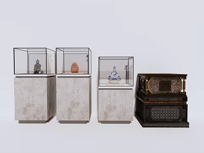 Exquisite Sculpture Carving Exhibition With Glass Display Cases And Various Carved Artworks 3d model