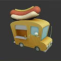 Yellow Mobile Food Truck With Large Hot Dog On Roof For Street Food Service
