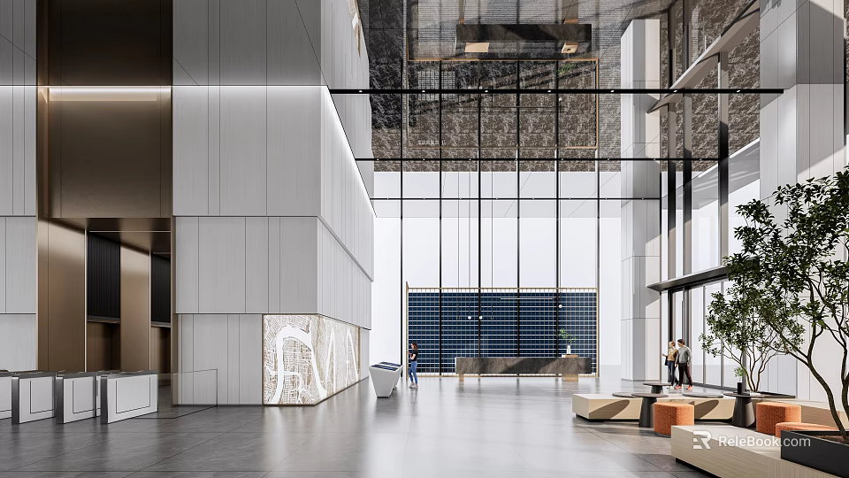 Modern Lobby Reception Area With Marble Counter Glass Curtain Wall And Pendant Lights 3d model 