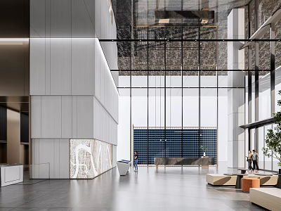 Modern Lobby Reception Area With Marble Counter Glass Curtain Wall And Pendant Lights 3d model