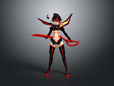 Female Character With Red Weapon And Creature Inspired Wings In Dark Red Outfit 3d model