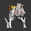 White Wolf with Flaming Tail Red Markings and Spiked Armor in Crouching Stance