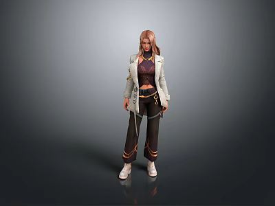 Stylish Woman With Blonde Hair Wearing Gray Coat Purple Top Black Pants And White Shoes 3d model