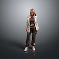Stylish Woman With Blonde Hair Wearing Gray Coat Purple Top Black Pants And White Shoes