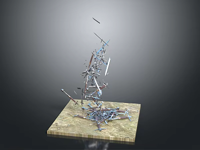 Stacked Metal Weapon Fragments Forming Intertwined Structure On Base Stand 3d model