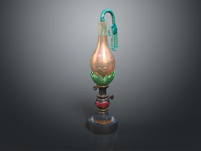Copper Candle Lamp With Green Lotus Design And Turquoise Tassel On Black Base 3d model