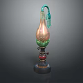 Copper Candle Lamp With Green Lotus Design And Turquoise Tassel On Black Base