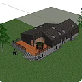 Detached Villa Exterior With Wooden Terrace Railing Green Lawn and Trees