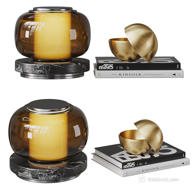 Elegant Decorative Ornament Set With Brown Glass Gold Metal And Marble Base On Books 3d model 