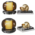 Elegant Decorative Ornament Set With Brown Glass Gold Metal And Marble Base On Books