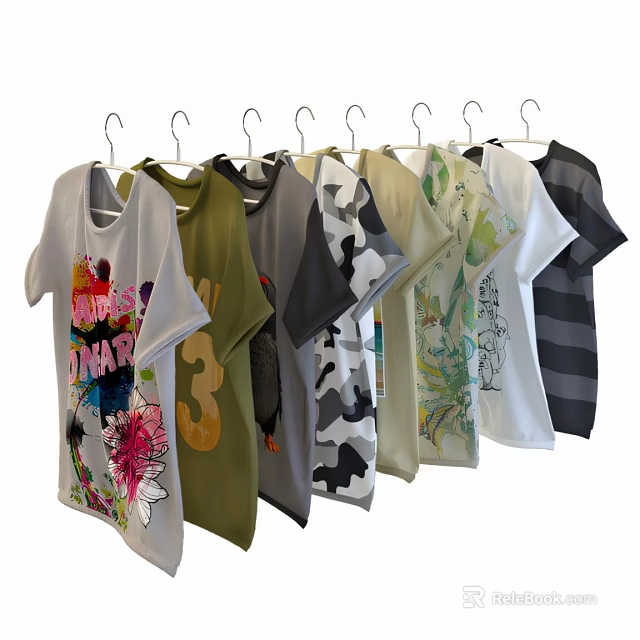 Assorted T-shirts With Colorful Patterns Hanging In Different Colors And Styles 3d model 