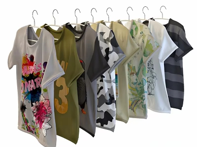 Assorted T-shirts With Colorful Patterns Hanging In Different Colors And Styles 3d model