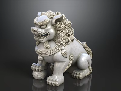 Traditional Stone Lion Sculpture With Curled Mane And Decorative Ball Details 3d model