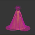 Woman In Yellow Sequined Robe With Head Decoration Against Gray Background With Reflective Floor