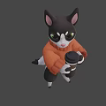 3D Game and Movie Cat Character Wearing Orange Sweater Holding Cup Against Purple Background