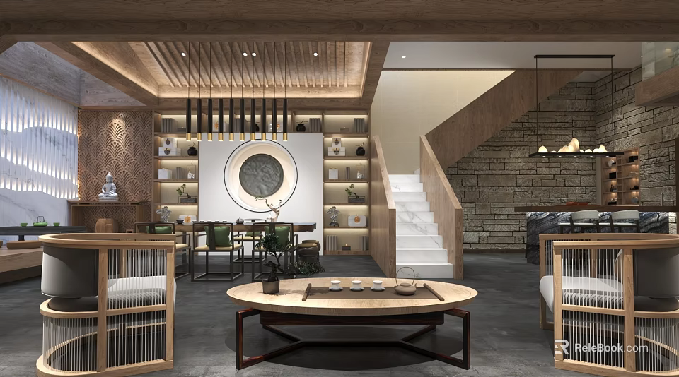 New Chinese Style Clubhouse Interior With Tea Table Staircase Bookshelves Circular Decoration And Wooden Elements 3d model 