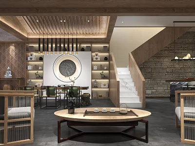 New Chinese Style Clubhouse Interior With Tea Table Staircase Bookshelves Circular Decoration And Wooden Elements 3d model
