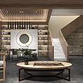New Chinese Style Clubhouse Interior With Tea Table Staircase Bookshelves Circular Decoration And Wooden Elements